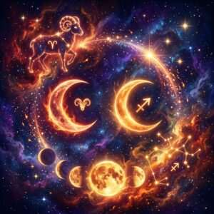 Two moons in a night sky of fire, a ram and an archer joined by a glowing triangle