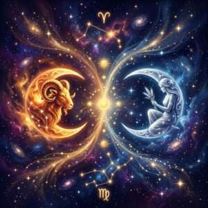 A fiery crescent moon with a ram and a silver crescent moon with a maiden holding wheat, mirrored around a small sun