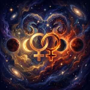 Two interlocked fiery Venus symbols beneath curled ram horns, flanked by moons and red planets in a starry sky, for Aries Venus and Aries Venus compatibility.