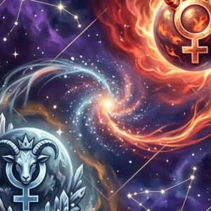 A fiery red planet marked with the Venus glyph and a pale grey planet bearing a crowned goat and the Venus glyph, linked by a swirl of stars