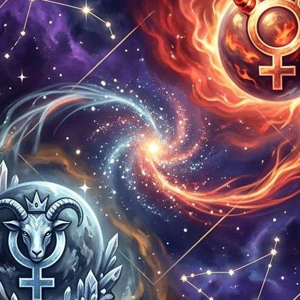 A fiery red planet marked with the Venus glyph and a pale grey planet bearing a crowned goat and the Venus glyph, linked by a swirl of stars