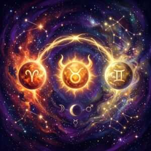 Three glowing spheres marked with the Aries, Taurus and Gemini symbols, the Taurus one shining like a sun in the middle, joined by an arc of light