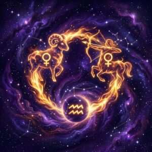 A fiery ram and a centaur archer, each marked with the Venus glyph, joined by a ring of flame around the Aquarius glyph