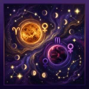 A golden planet beside the Aries and Venus glyphs and a dark purple planet beside the Scorpio and Venus glyphs, among stars and crescent moons