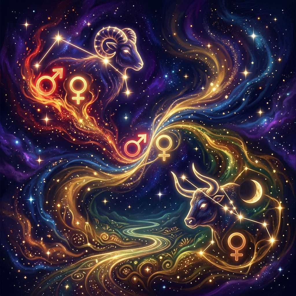 A glowing ram and a bull in a starry sky, linked by golden streams of light, with the symbols of Mars and Venus between them