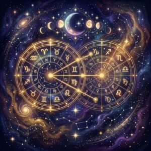 Two overlapping birth chart wheels under a starry night sky, illustrating birth chart compatibility between two partners