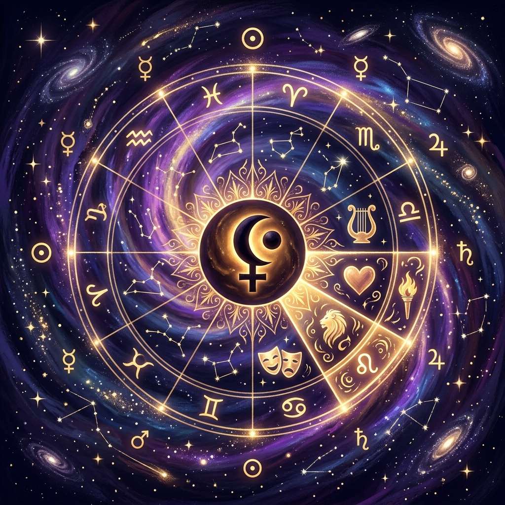 Black Moon Lilith placed in the fifth house of a natal chart, on a deep violet cosmic background