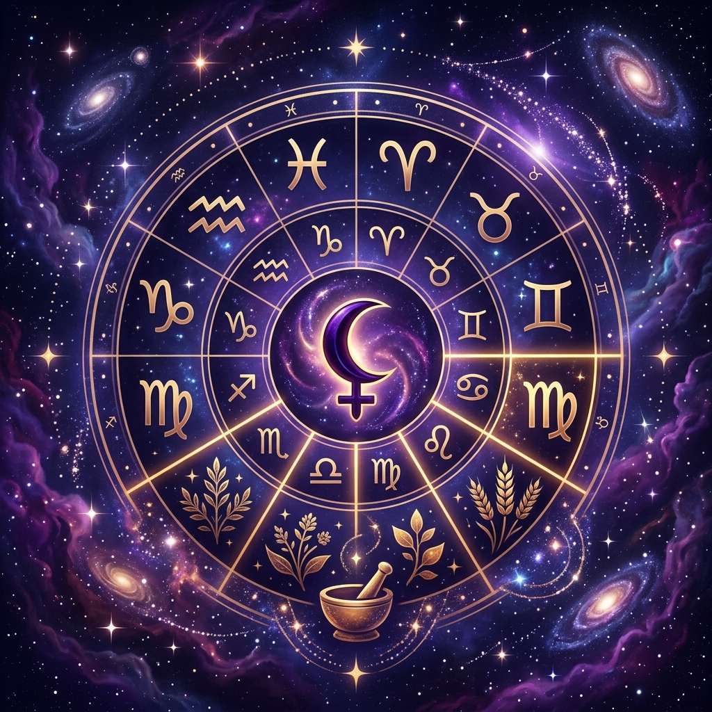 Black Moon Lilith placed in the sixth house of a natal chart, on a deep violet cosmic background
