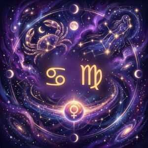 Gold glyphs for Cancer and Virgo above the symbol of Venus, with a crab and the Virgo constellation among violet clouds and moon phases