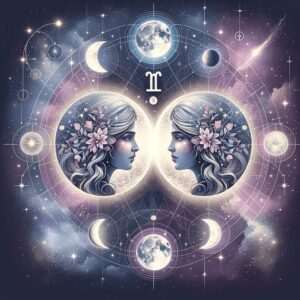 Gemini Moon and Virgo Moon compatibility: two mirrored faces inside moons on a star chart