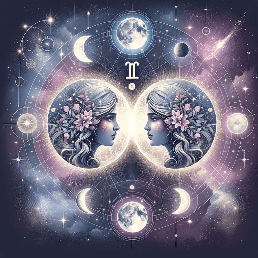 Gemini Moon and Virgo Moon compatibility: two mirrored faces inside moons on a star chart
