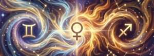 Gold glyphs of Gemini, Venus and Sagittarius on swirling blue and golden flames against a starry violet sky