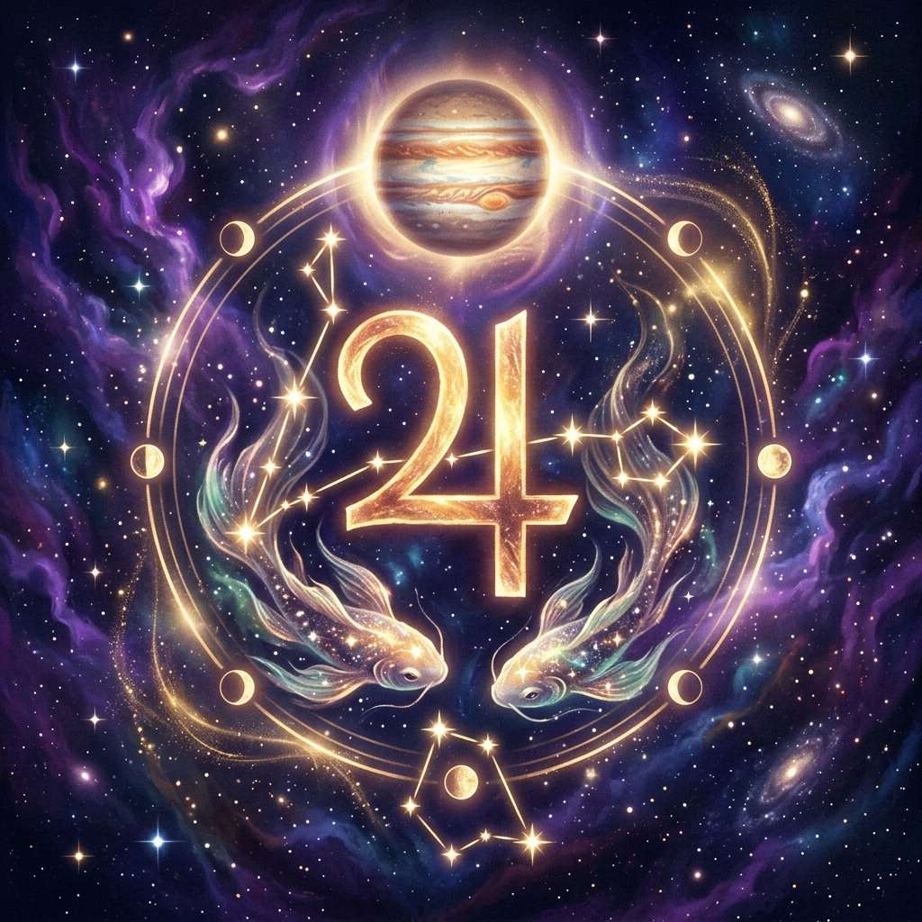 Jupiter in Pisces shown with its zodiac glyph on a starry violet sky