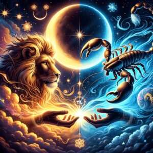 A golden lion faces a dark scorpion across a half-gold, half-blue moon, with two open hands meeting in a burst of light below them.