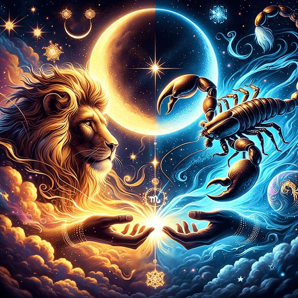 A golden lion faces a dark scorpion across a half-gold, half-blue moon, with two open hands meeting in a burst of light below them.
