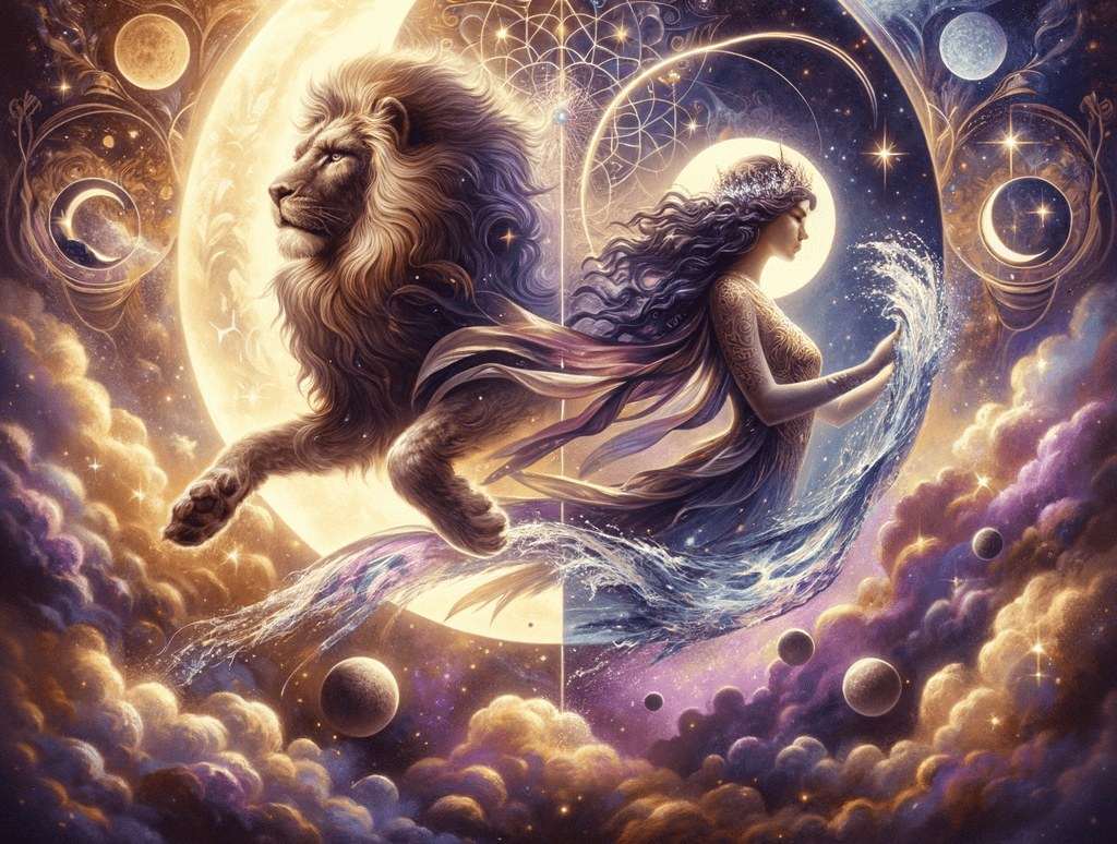 A lion leaping in front of a large glowing moon, beside a crowned woman pouring a stream of water, among violet and golden clouds