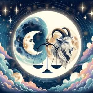 A woman's face in a crescent moon beside a white-bearded goat with curved horns, a balance scale between them, inside a ring of stars above pastel clouds.