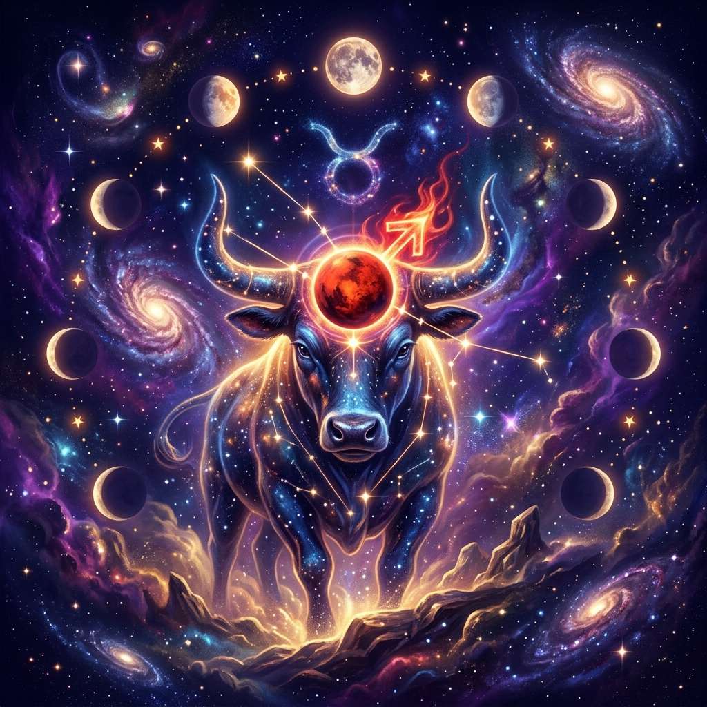 Mars in Taurus shown with its zodiac glyph on a starry violet sky