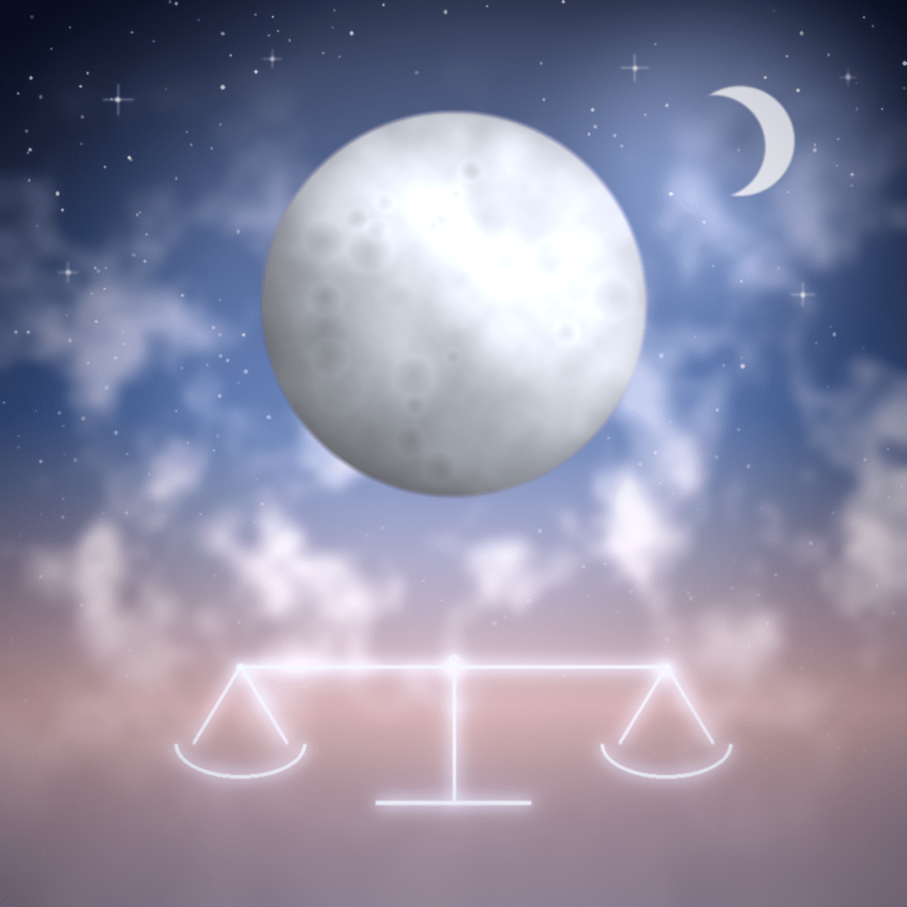 Crescent moon over the scales of Libra, illustrating a Libra Moon sign and the balance it needs to settle.