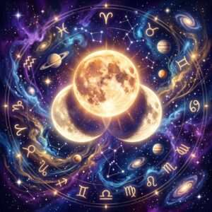Moon phase compatibility: a waxing crescent and a waning gibbous Moon joining into one full Moon in a starry night sky
