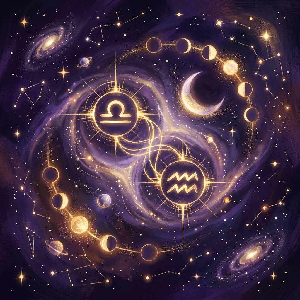 Moon phases circling two linked zodiac glyphs in a night sky, illustrating moon sign compatibility