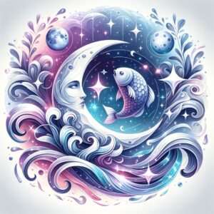 A pale crescent moon with a woman's face curving around a round starry window where a purple fish leaps, among waves, leaves, stars and two small moons