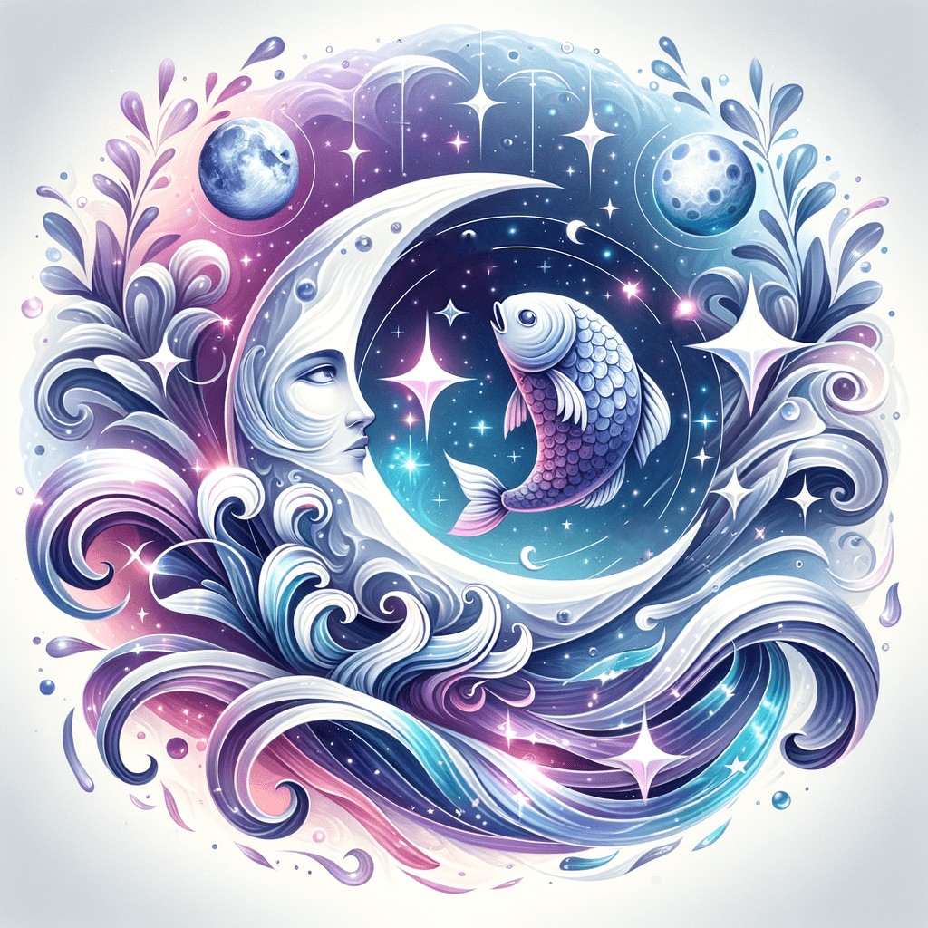 A pale crescent moon with a woman's face curving around a round starry window where a purple fish leaps, among waves, leaves, stars and two small moons