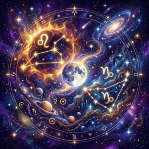 A zodiac wheel with the Leo glyph over a fiery sun and two Capricorn glyphs over a dark mountain sky, a full moon between them