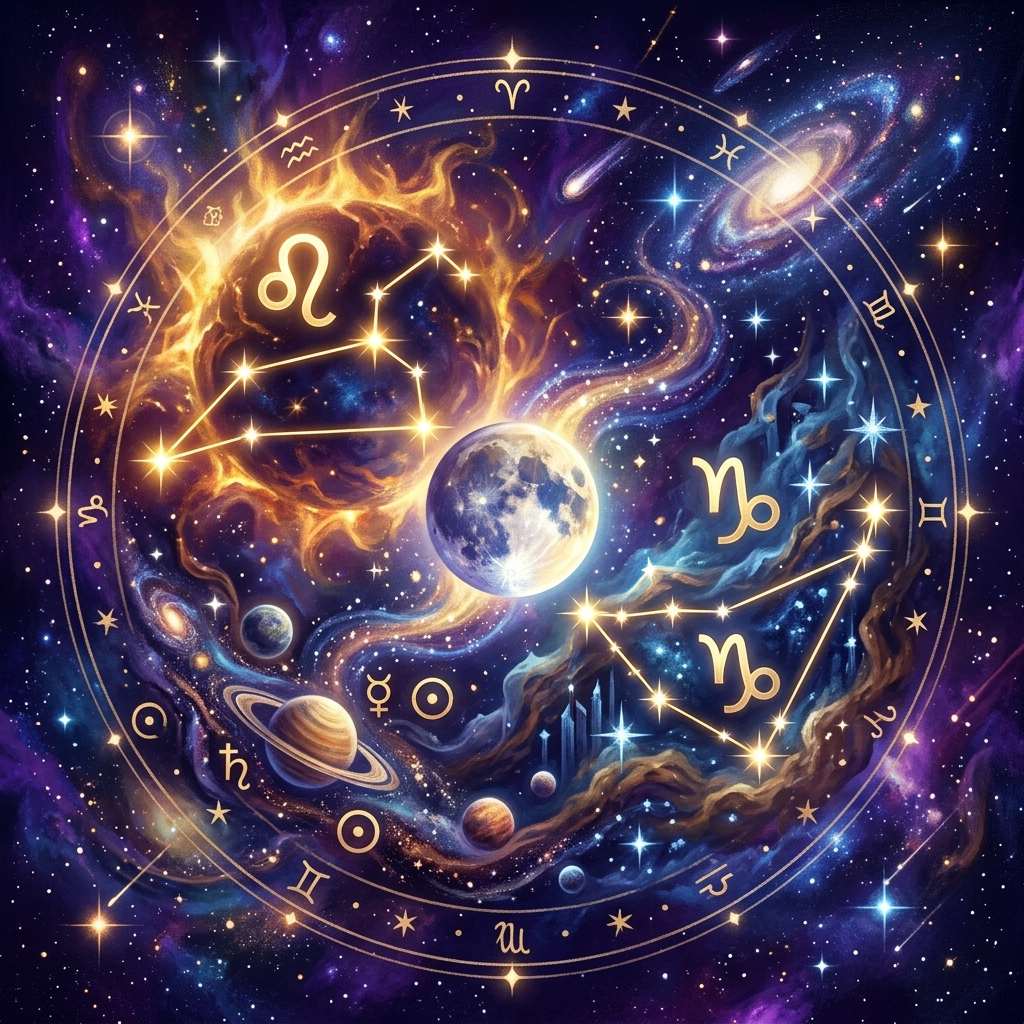 A zodiac wheel with the Leo glyph over a fiery sun and two Capricorn glyphs over a dark mountain sky, a full moon between them