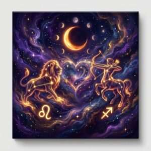 A glowing lion and a centaur archer drawn as golden star figures on a violet night sky, with a heart of stars between them, moon phases above and the Leo and Sagittarius glyphs below.