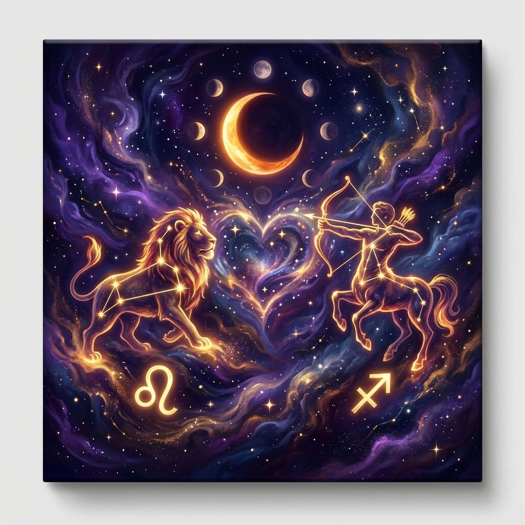 A glowing lion and a centaur archer drawn as golden star figures on a violet night sky, with a heart of stars between them, moon phases above and the Leo and Sagittarius glyphs below.
