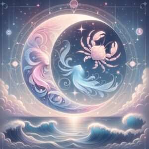 A large pastel crescent moon holding two wispy fish-like spirits and a pink crab, above ocean waves and clouds