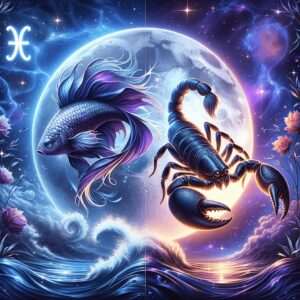 A fish with flowing violet fins and a dark scorpion in front of a large full moon above ocean waves, with the Pisces symbol in the top corner
