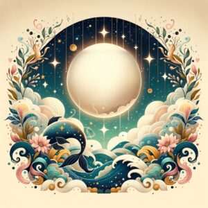 A pale full moon under a starry arch above a dark fish leaping from stylized waves, framed by flowers, leaves and clouds