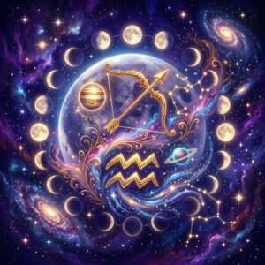 A golden bow and arrow and the Aquarius glyph over a large moon, circled by lunar phases, with Jupiter, a ringed planet and star patterns in a purple sky