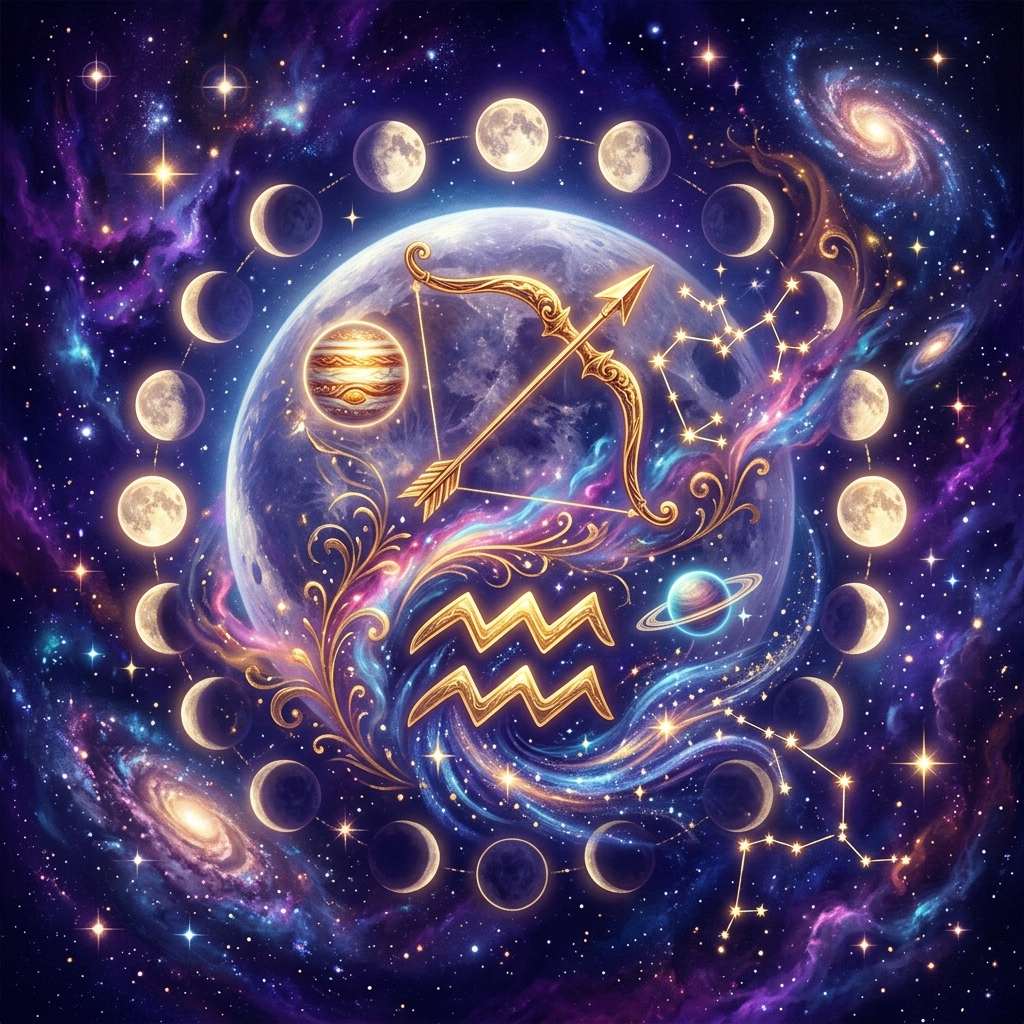 A golden bow and arrow and the Aquarius glyph over a large moon, circled by lunar phases, with Jupiter, a ringed planet and star patterns in a purple sky