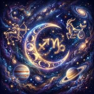 A glowing crescent moon ringed with lunar phases holds the Sagittarius and Capricorn glyphs, with a centaur archer, a sea-goat, Jupiter and Saturn in a starry sky