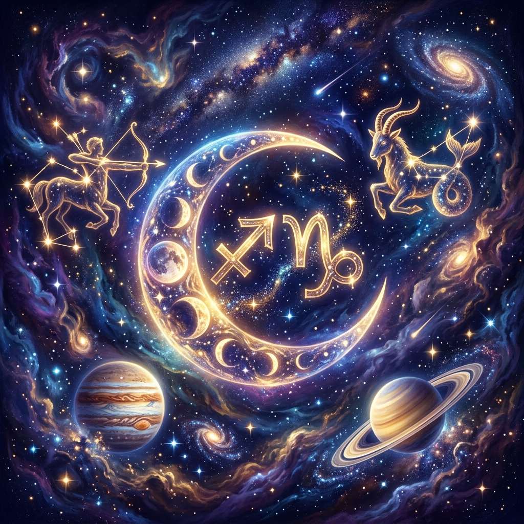 A glowing crescent moon ringed with lunar phases holds the Sagittarius and Capricorn glyphs, with a centaur archer, a sea-goat, Jupiter and Saturn in a starry sky