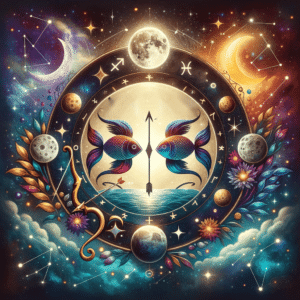 Two fish facing an upright arrow inside a zodiac ring, with the Sagittarius and Pisces glyphs beside a full Moon, bow and arrow at lower left.