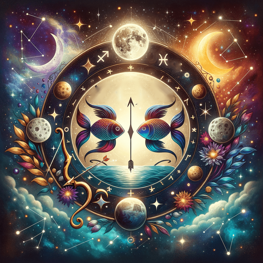 Two fish facing an upright arrow inside a zodiac ring, with the Sagittarius and Pisces glyphs beside a full Moon, bow and arrow at lower left.