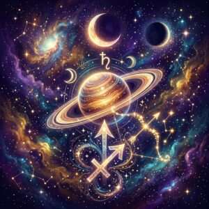 Saturn in Sagittarius shown with its zodiac glyph on a starry violet sky