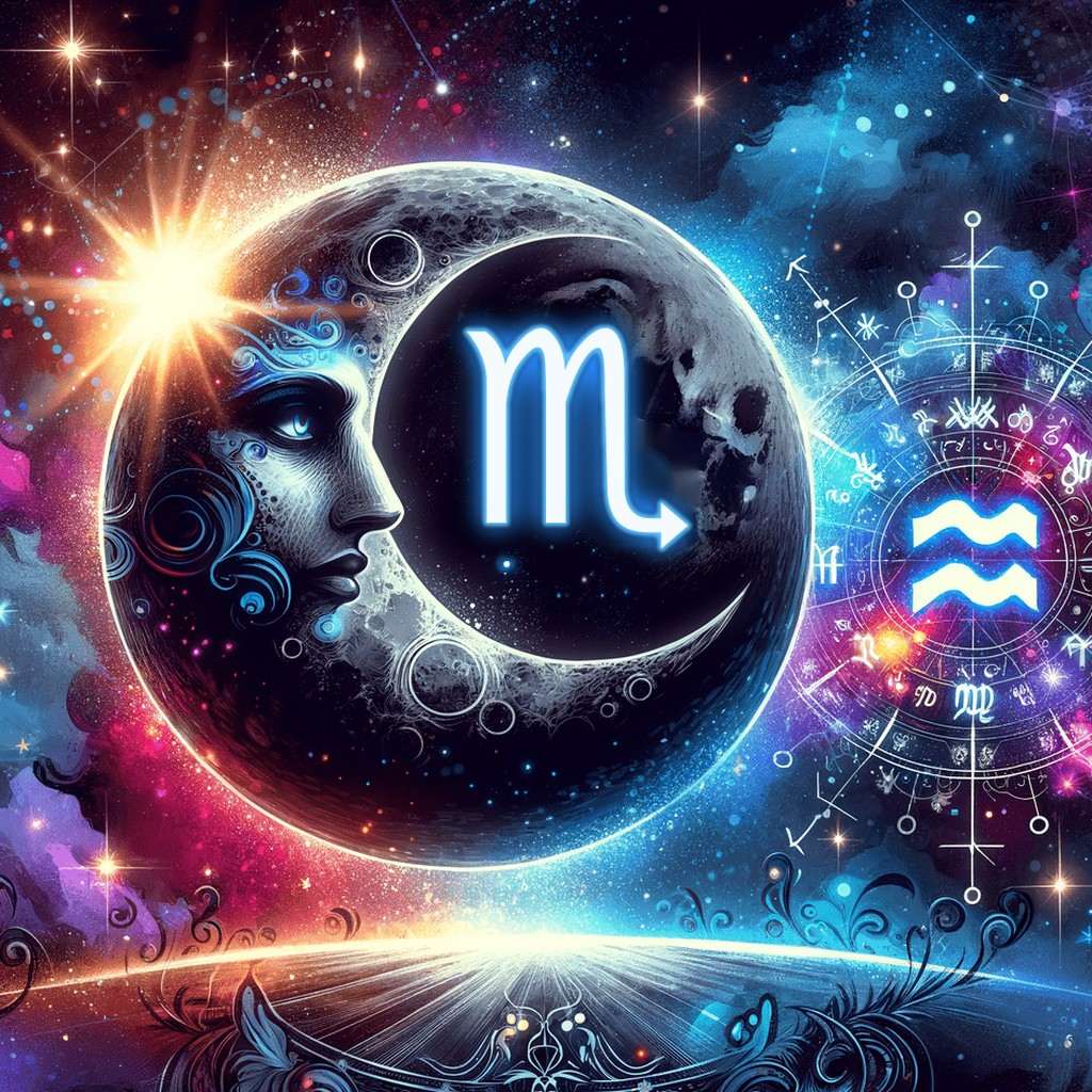 A crescent moon with a face in profile holds a glowing blue Scorpio glyph, beside a zodiac wheel marked with the Aquarius glyph, in a starry pink and blue sky.
