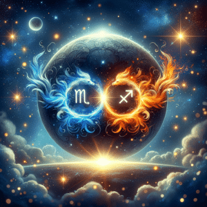 Les glyphes du Scorpion et du Sagittaire, inscrits dans un anneau bleu et un anneau de flammes orange, se rejoignent en une étincelle brillante devant une lune noire.