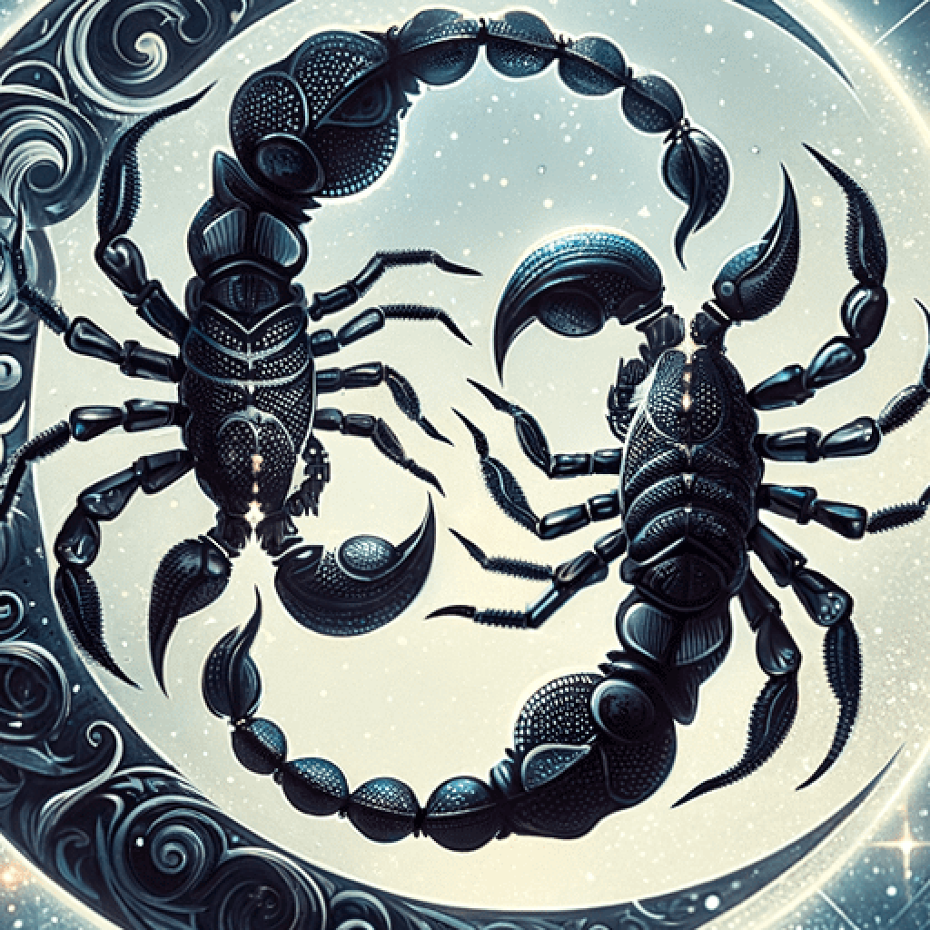 Two black scorpions curled nose to tail inside a pale full moon, framed by a dark crescent with swirling patterns.