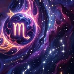 Un glyphe du Scorpion lumineux à l'intérieur d'un orbe violet, placé dans une nébuleuse pourpre avec une ligne d'étoiles en bas à droite