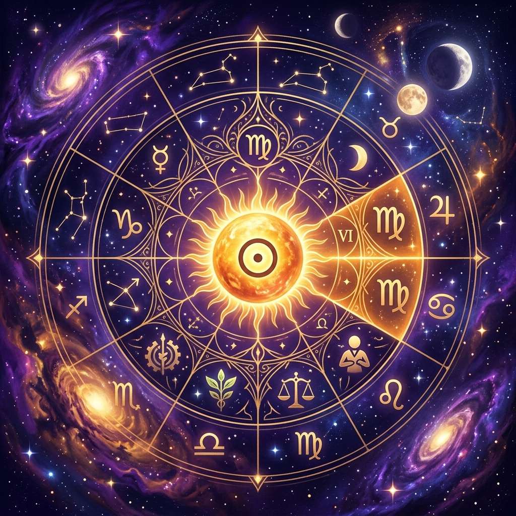 Sun placed in the sixth house of a natal chart, on a deep violet cosmic background