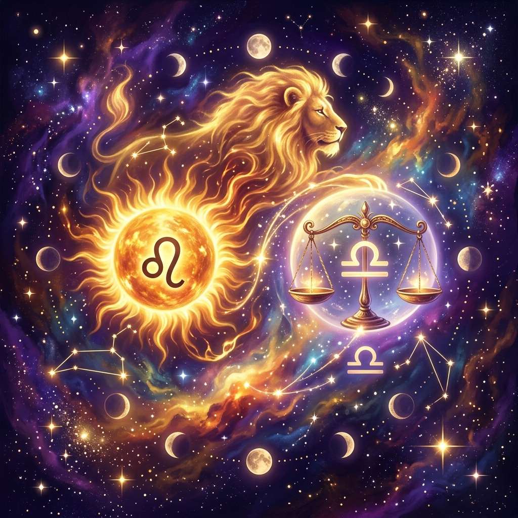 Leo and Libra sun sign compatibility shown as two glowing zodiac symbols on a violet natal chart wheel