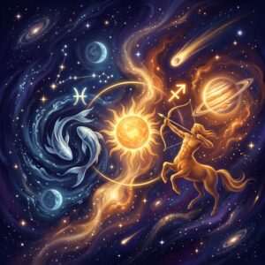 Pisces and Sagittarius sun sign compatibility shown as two glowing zodiac symbols on a violet natal chart wheel