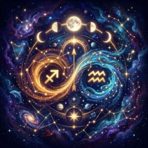 Sagittarius and Aquarius sun sign compatibility shown as two glowing zodiac symbols on a violet natal chart wheel