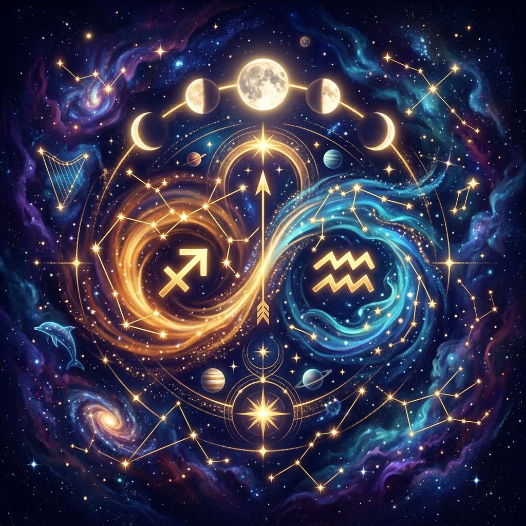 Sagittarius and Aquarius sun sign compatibility shown as two glowing zodiac symbols on a violet natal chart wheel